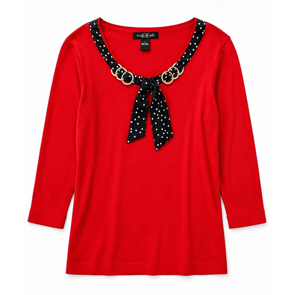 August Silk Knit Top L Red Polka Dot Scarf Neck Gold Rings 3/4‎ Sleeve Pullover